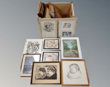 A box containing a quantity of Continental School pictures and prints, signed prints,