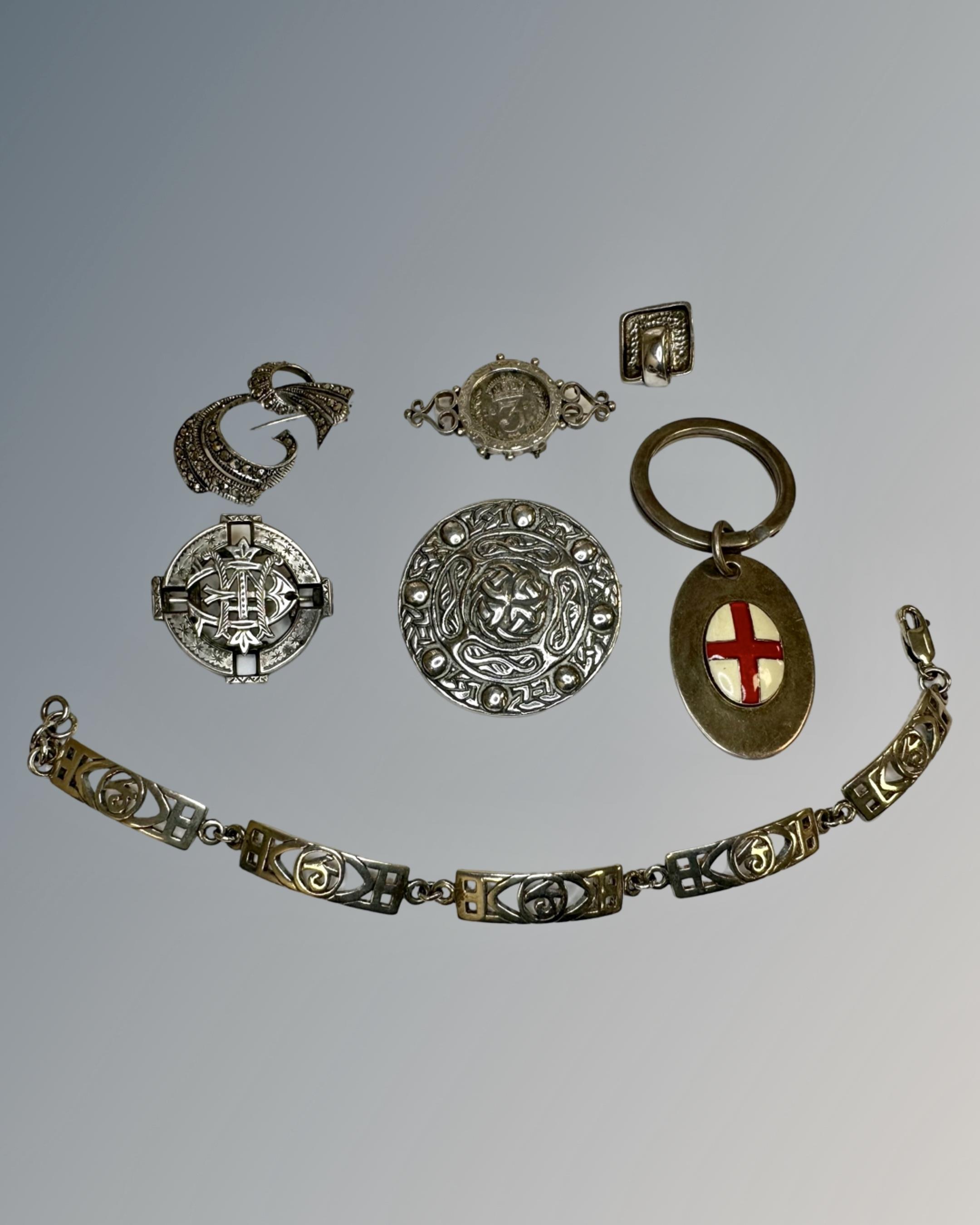 A collection of antique and modern silver jewellery.