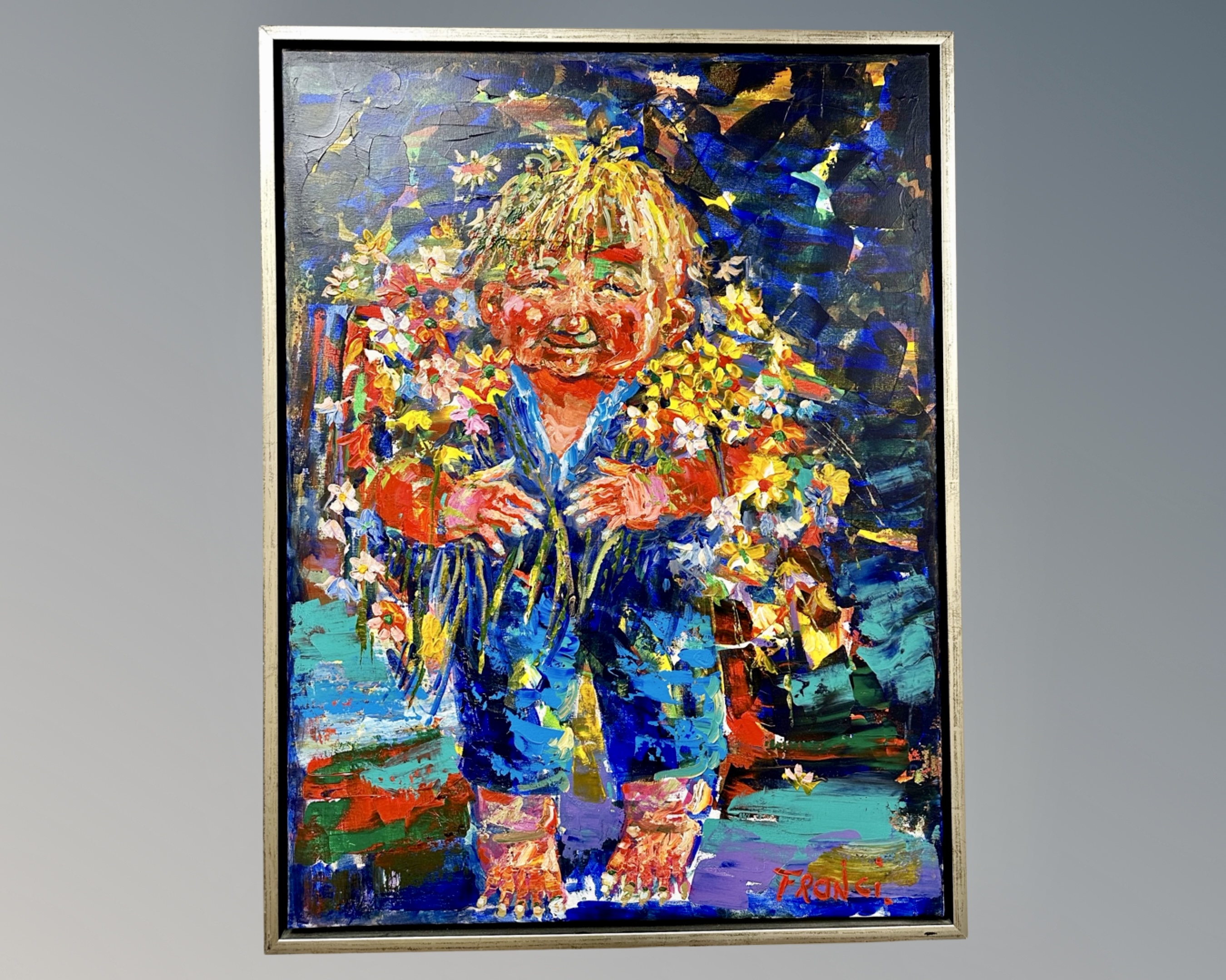 Continental school : Colourful study of a child, oil on canvas, 60cm by 80cm.