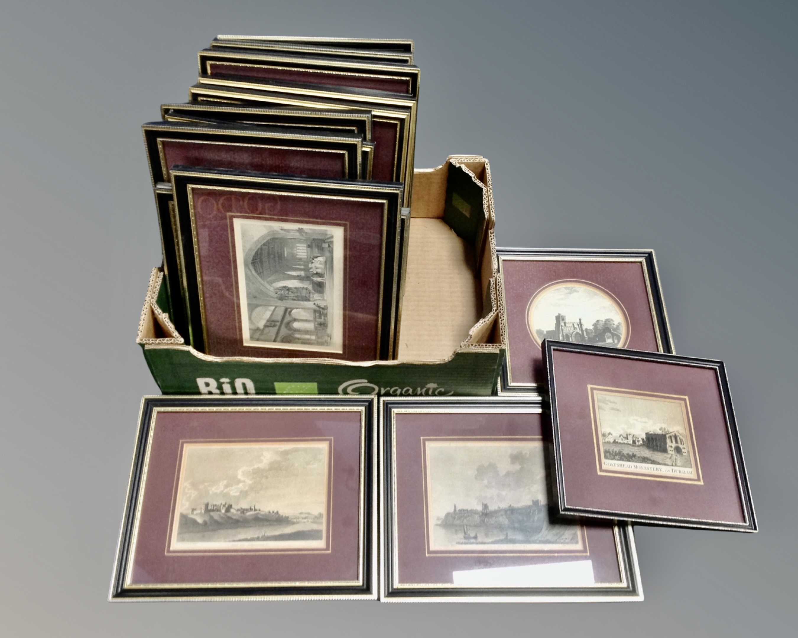 A box containing 17 colour and black and white etchings including Alnwick Castle,