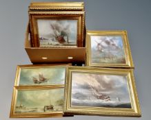 Eight P. J. Wintrip oils on canvas and board depicting ships, coastal and rural scenes.