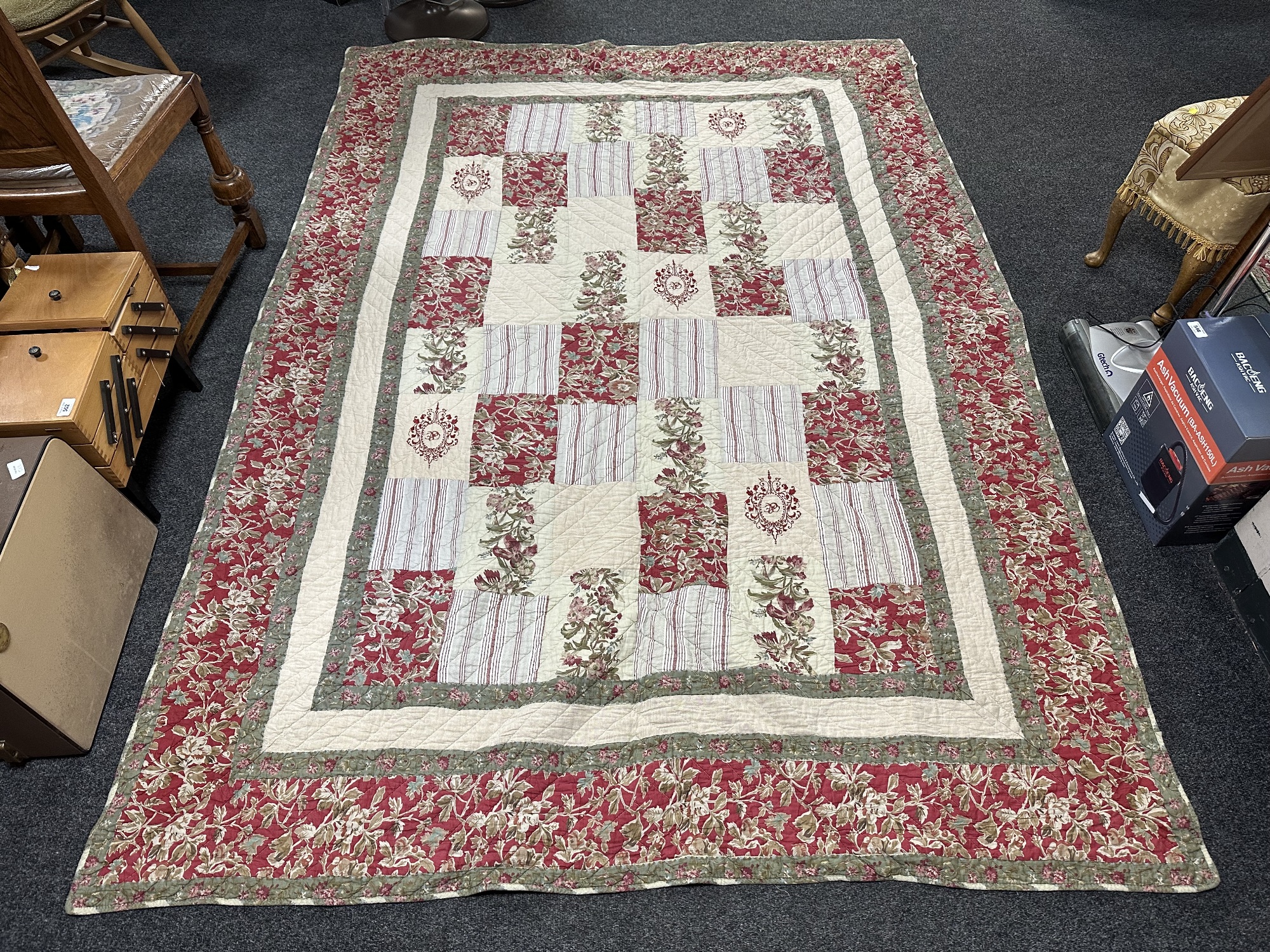 Two stitched patchwork quilts; one red and green labeled Clare & Eef measuring 246cm by 177cm, - Image 2 of 5