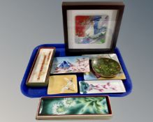 A tray containing eight Oriental enamelled dishes, two boxed and one in frame.