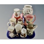 A tray containing assorted ceramics including Maling jug, Portmeirion vase, Poole vase,