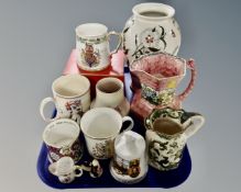 A tray containing assorted ceramics including Maling jug, Portmeirion vase, Poole vase,