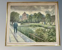 Continental school : Figure by a lake with church beyond, oil on canvas, 80cm by 64cm.