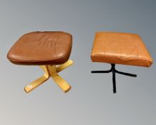 A 20th century tan leather upholstered footstool on metal legs together with a further footstool on