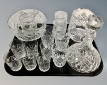 A tray containing lead crystal glassware including decanter, beakers, whiskey glasses etc.