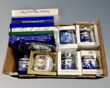 A box containing boxed Ringtons ceramics including caddies, willow pattern ginger jar,