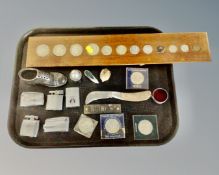 A tray containing assorted pocket lighters, and Kent & Stowe pocket knife, pewter pin cushions,