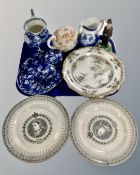 A tray containing antique ceramics including a pair of Royal Jubilee plates, Chinese plates,