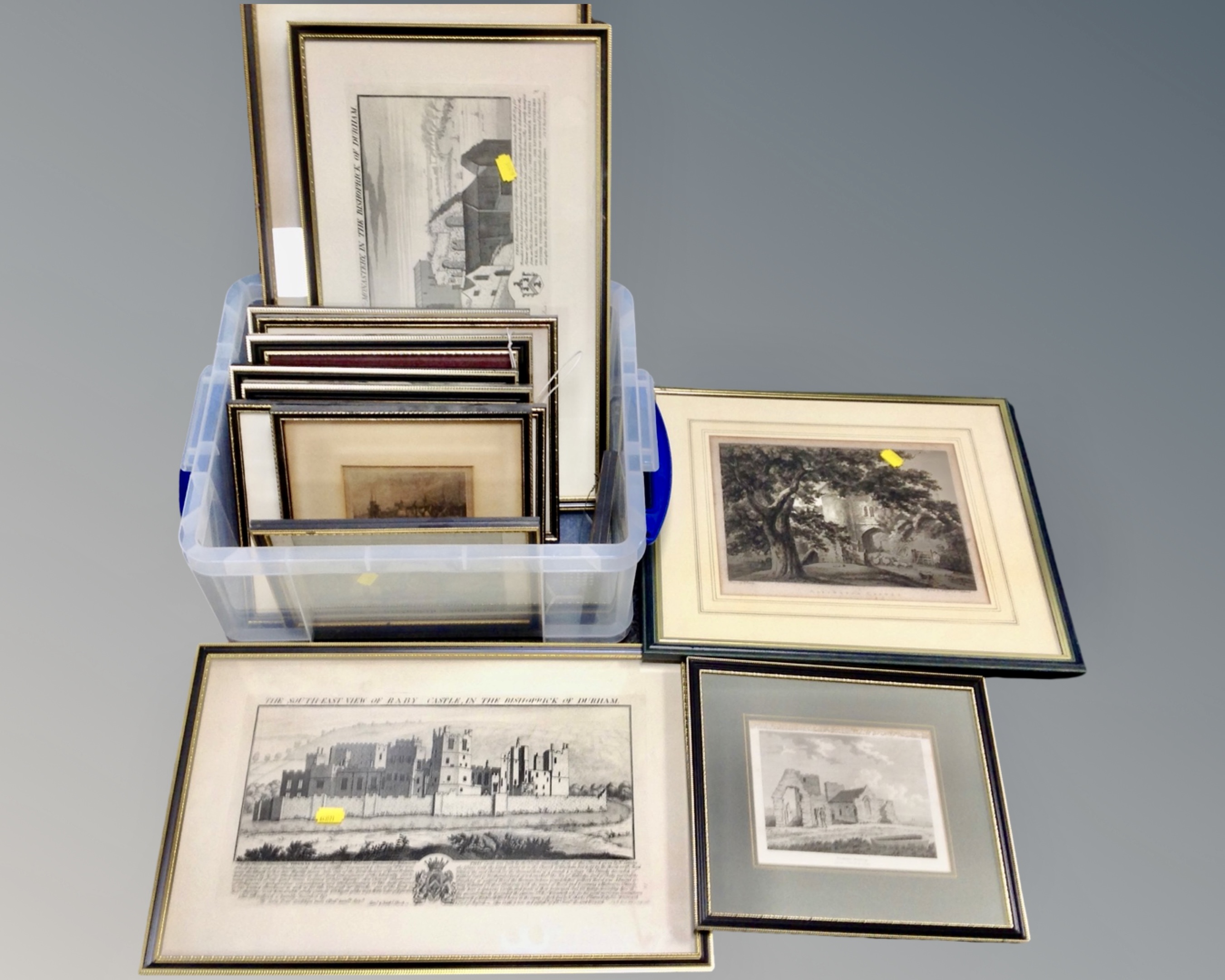 A box containing 15 colour and black and white etchings including Allington Castle, market place,