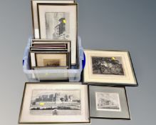 A box containing 15 colour and black and white etchings including Allington Castle, market place,