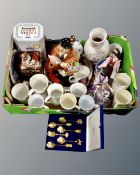 A tray containing assorted ceramics including Ringtons delivery man teapot,