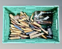 A crate containing a quantity of vintage chisels, files, mallet etc.