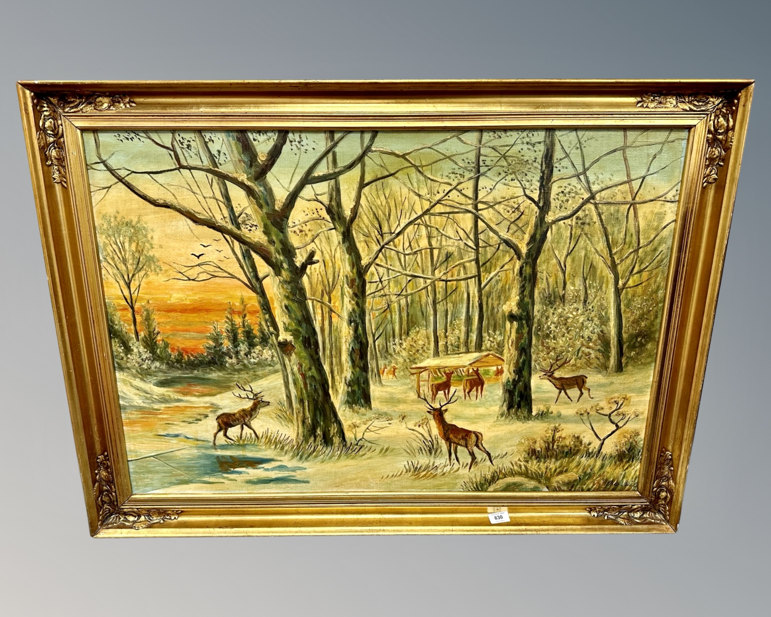 Arla Nielsen : Deer in woodland, oil on canvas, 96cm by 66cm.