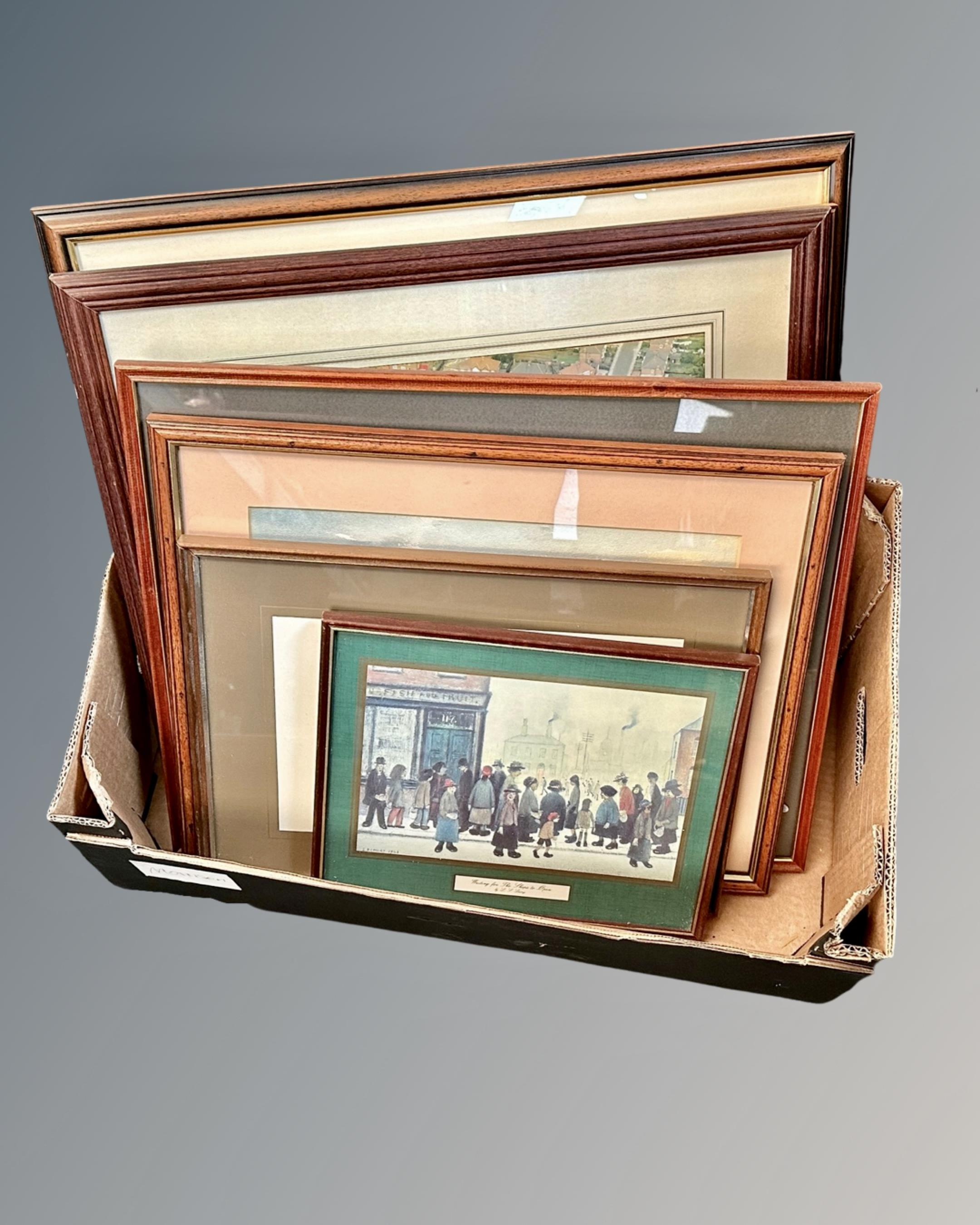 A box containing assorted pictures and prints, a framed photograph, L. S.