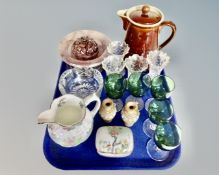 A tray containing French porcelain lidded trinket pots, a pair of miniature Doulton Lambeth vases,