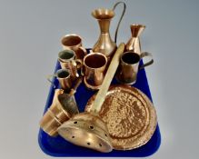 A tray containing antique and later copper wares including trays, measures, tankards,