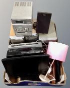 Two boxes containing assorted electricals including Sony and Sharp micro-hifi systems, LCD TV,
