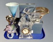 A tray containing assorted glassware including Marquis by Waterford Crystal bowl and vase in box,