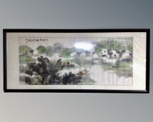 A Chinese watercolour on silk depicting a traditional scene,