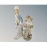 Two Lladro figures, girl with bird in hand and seated girl with lilies.