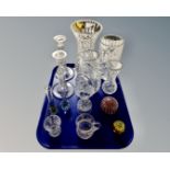 A tray containing assorted glassware including Wedgwood paperweight, bud vases, candlesticks etc.
