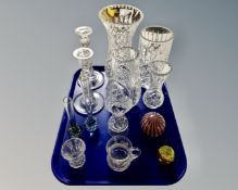 A tray containing assorted glassware including Wedgwood paperweight, bud vases, candlesticks etc.