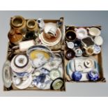 Three boxes containing assorted ceramics including Slip ware storage jars, antique and later plates,