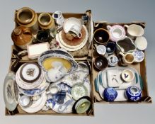 Three boxes containing assorted ceramics including Slip ware storage jars, antique and later plates,