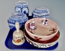 A tray containing three Ringtons Maling blue and white caddies, Bridges Cathedrals and Castles,