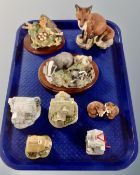 A tray containing assorted Border Fine Arts animal ornaments and Lilliput cottages.