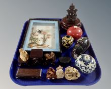 A tray containing Oriental wares including cloisonné and porcelain vases, framed diorama, netsukes.