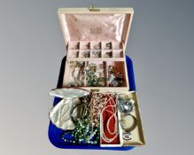 A tray containing a jewellery box, costume jewellery, Rosita simulated pearls, beaded necklaces,