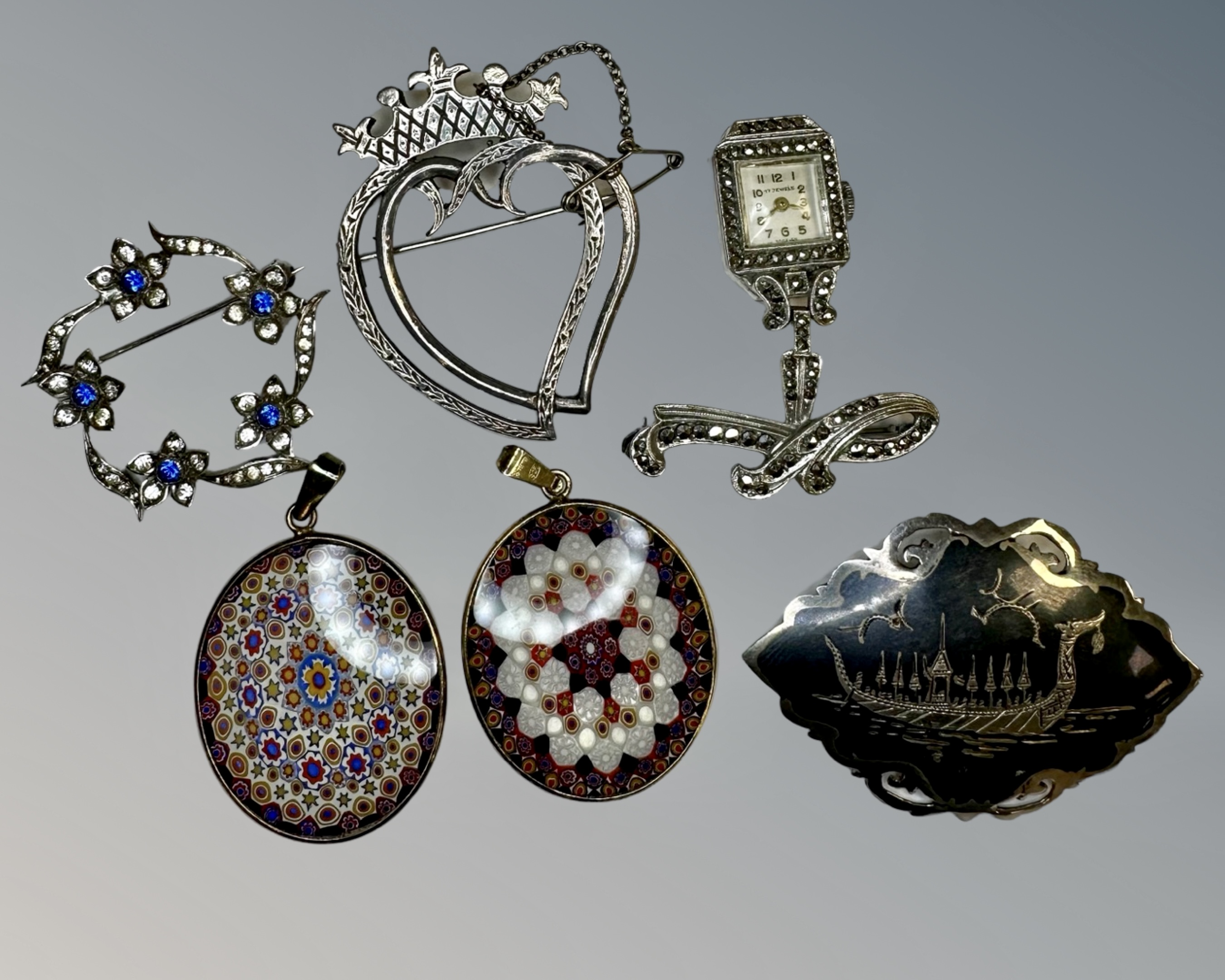 A collection of silver, marcasite, Scottish, niello and other jewellery.