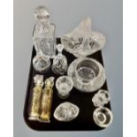 A tray containing assorted glassware including a lead crystal whisky decanter, baskets,