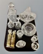 A tray containing assorted glassware including a lead crystal whisky decanter, baskets,