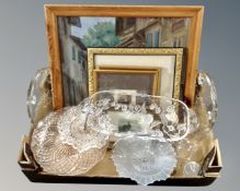 A box containing assorted glassware, prints, pine framed Continental school oil on board.