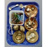 A tray containing a pair of copper scallop edge dishes, a pair of miniature eastern brass plates,