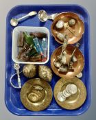 A tray containing a pair of copper scallop edge dishes, a pair of miniature eastern brass plates,