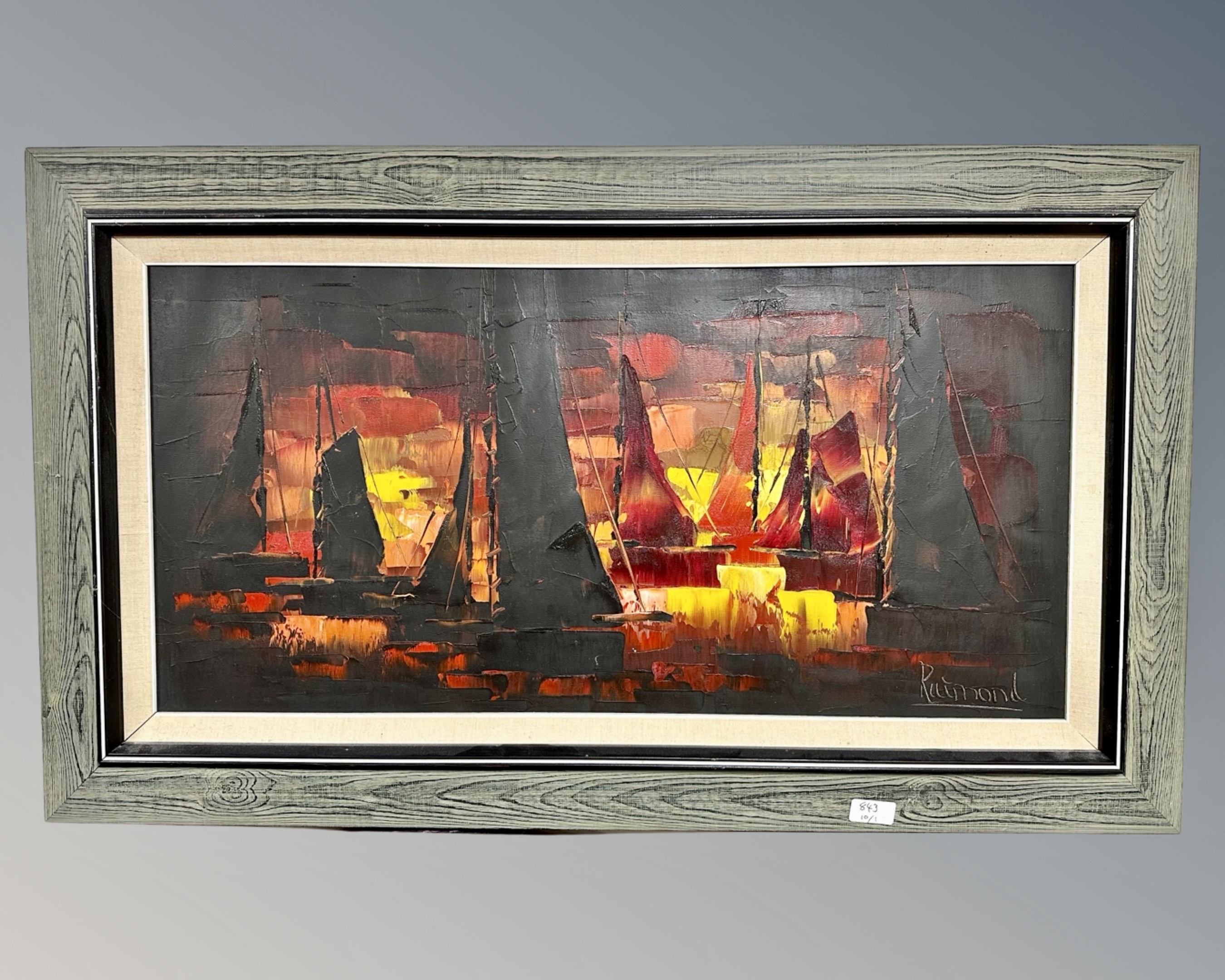 Ruimonde : Sailing boats at sunset, oil on canvas, 79cm by 38cm.