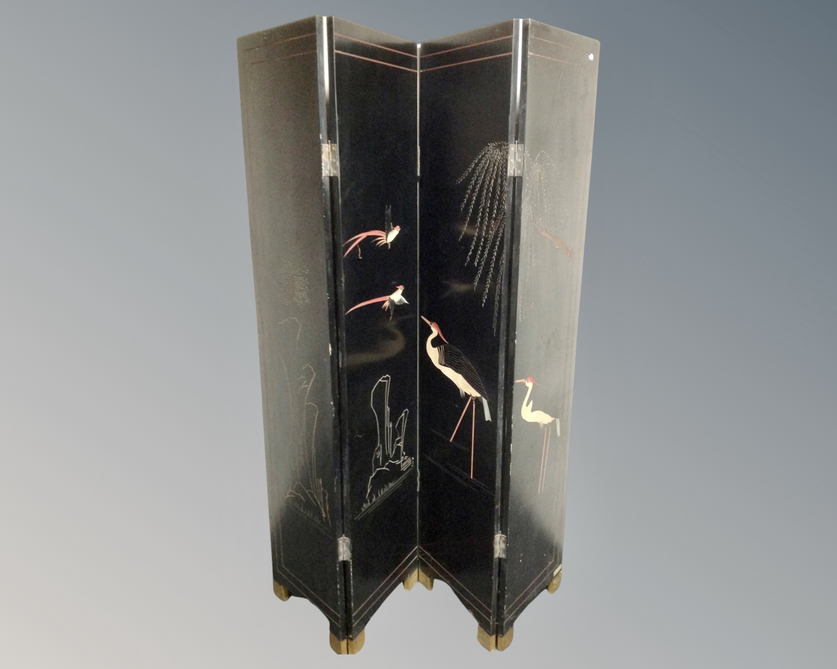 A Japanese black lacquered four fold screen. - Image 2 of 2