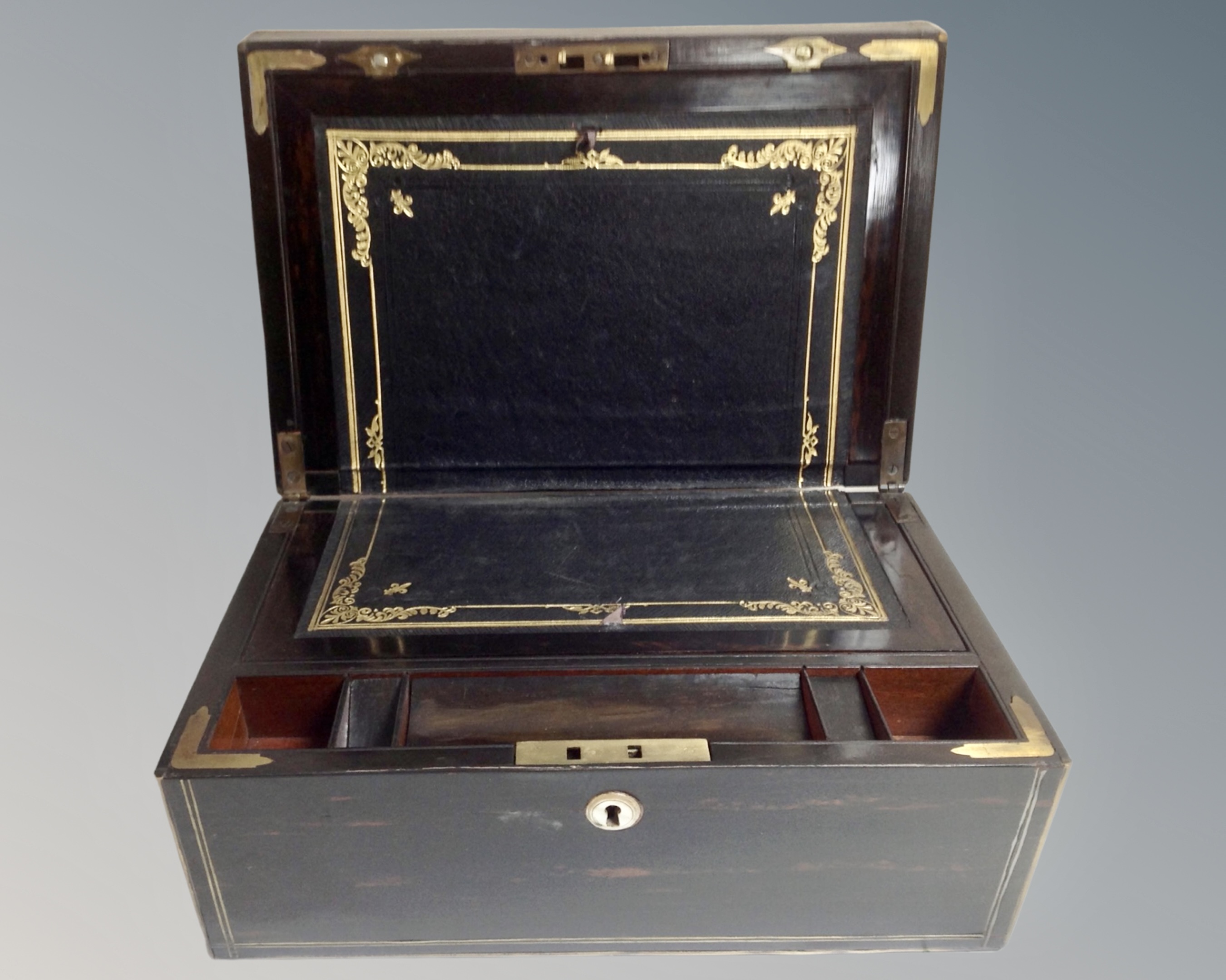 A Victorian rosewood and brass travelling writing box - Image 2 of 2