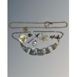 A collection of silver jewellery including niello, mother of pearl etc.