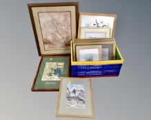 A box containing assorted pictures and prints including Molly Fisher watercolour harbour scene,