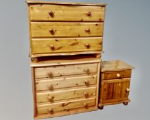 A pine four drawer chest together with a pine three drawer chest,