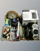 Two boxes containing Morphy Richards coffee maker, wall clock, sewing items, ziplock bags,