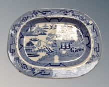 Two 19th century graduated Willow pattern meat plates,