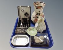 A tray containing Royal Worcester figure, First Dance, Masons vase, Carlton ware dish,